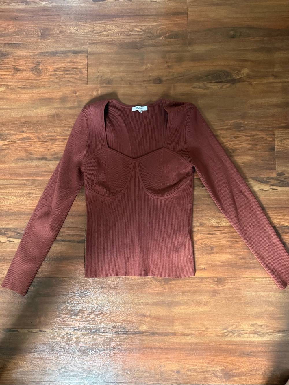 Madewell Long Sleeve Square-Neck Ribbed Top in Rust Brown
